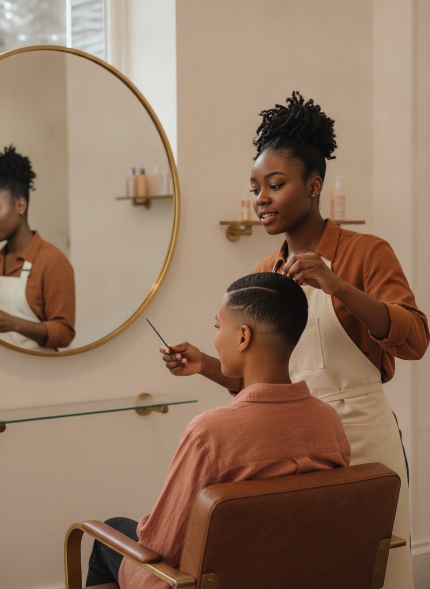 Rae checking the line of a short haircut in the mirror with a client, both smiling