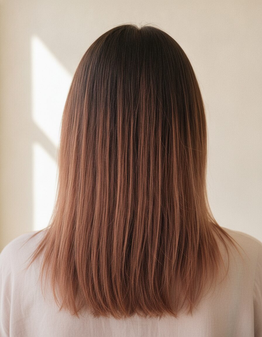 Before: dark grown-out roots over faded box color, hair combed straight down