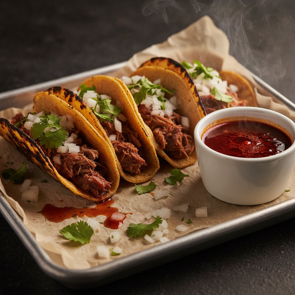 Birria tacos with a cup of consommé, red oil catching the light