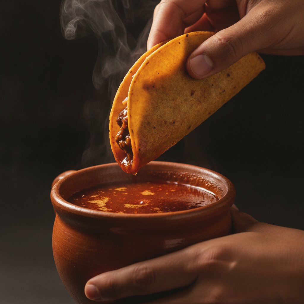 Hands dipping a folded taco into consommé