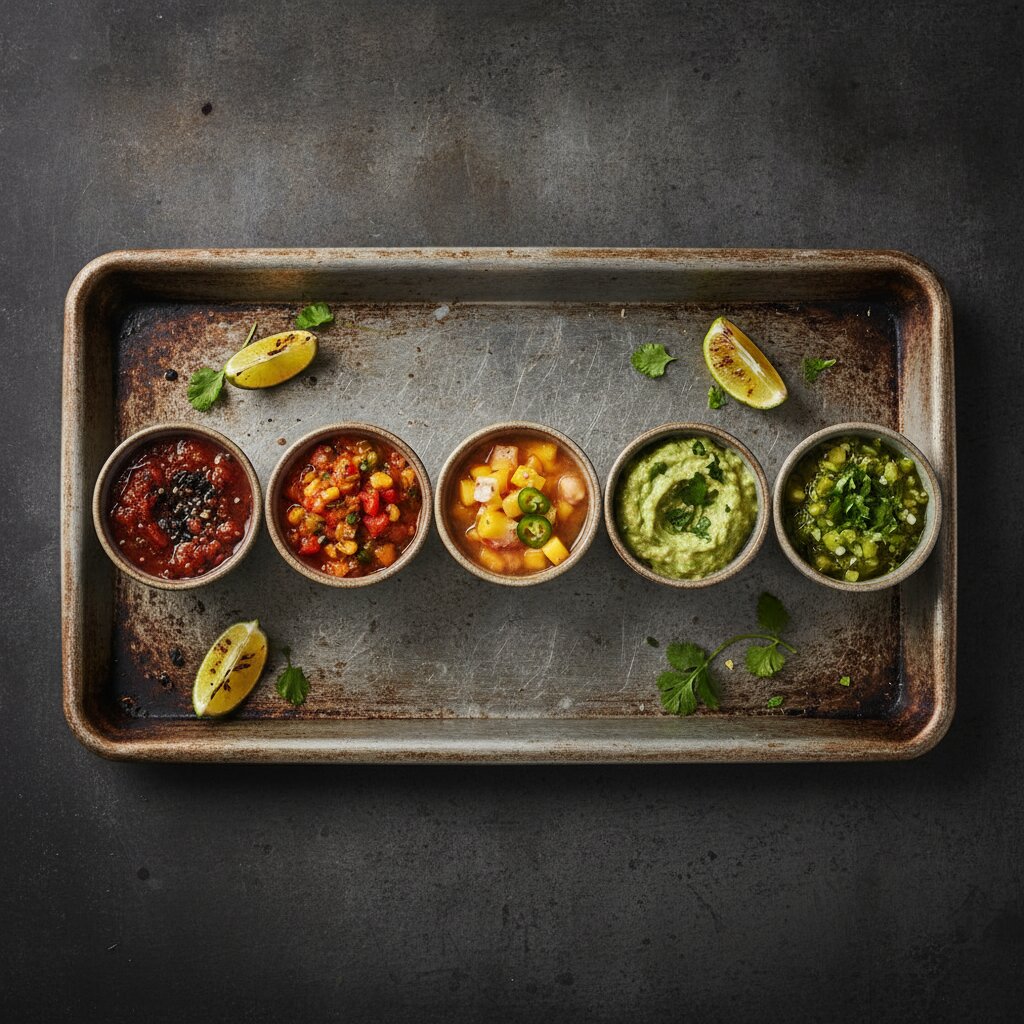 A tray of salsas in small cups, deep red through green