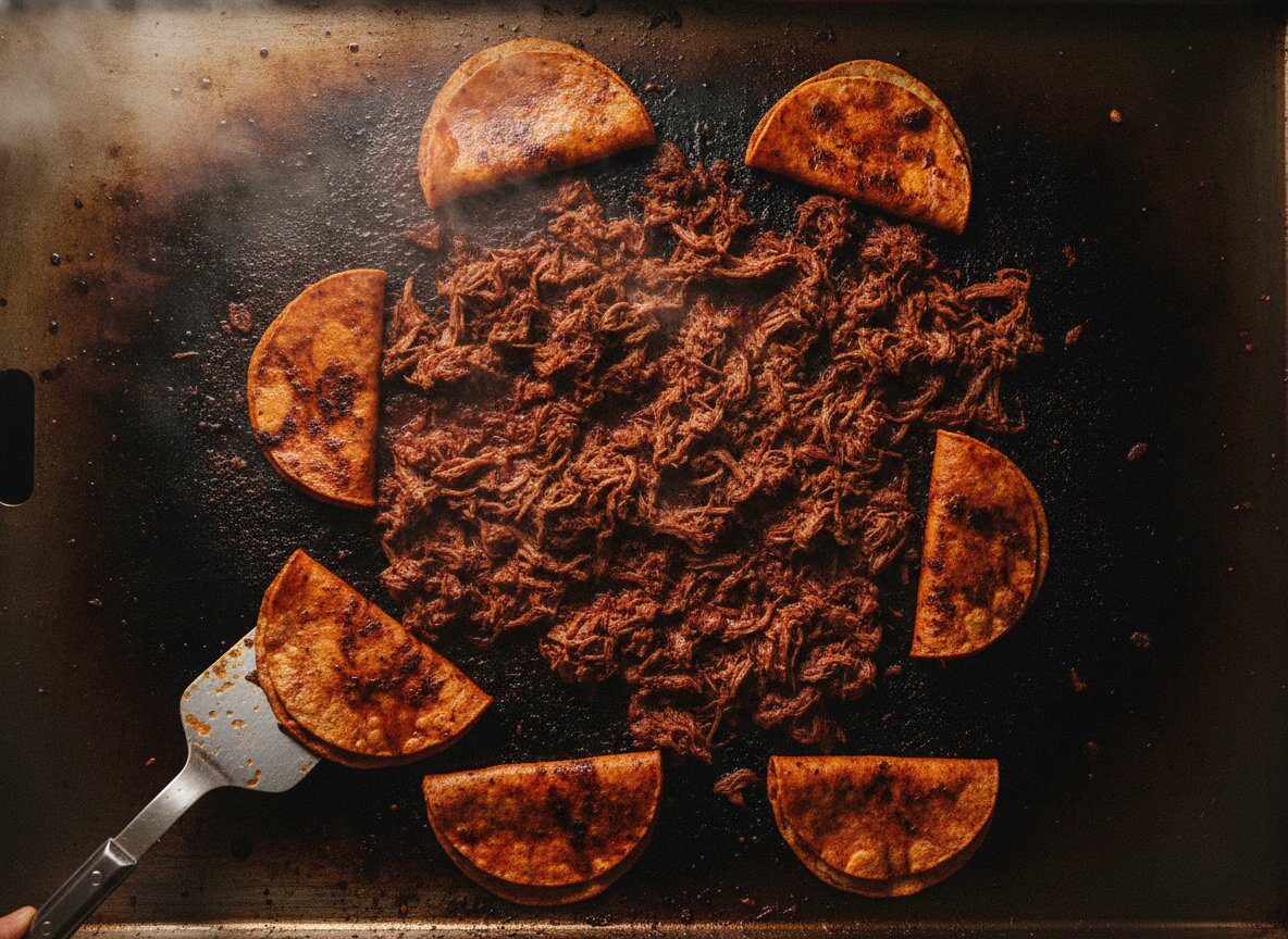 The flat-top griddle covered in sizzling birria, shot from above