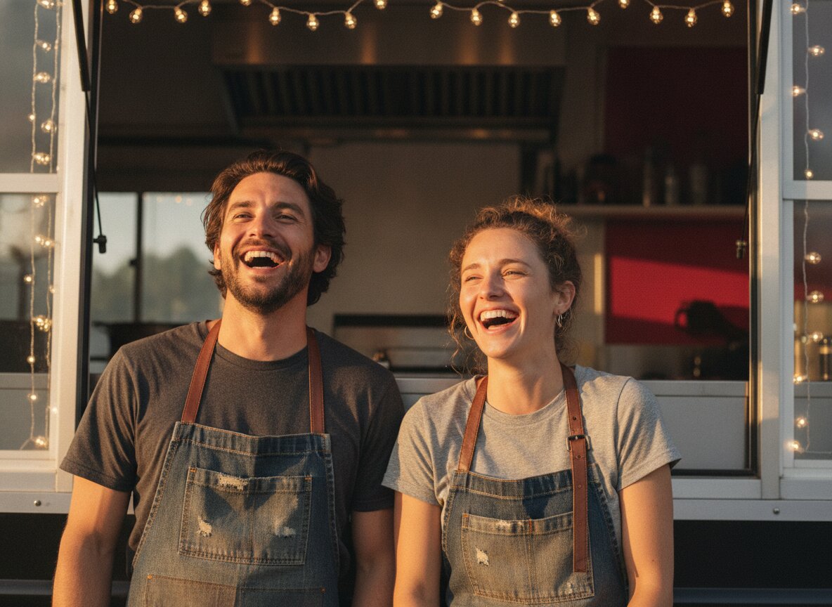 Mari and Teo Valdez laughing at the truck window in their aprons