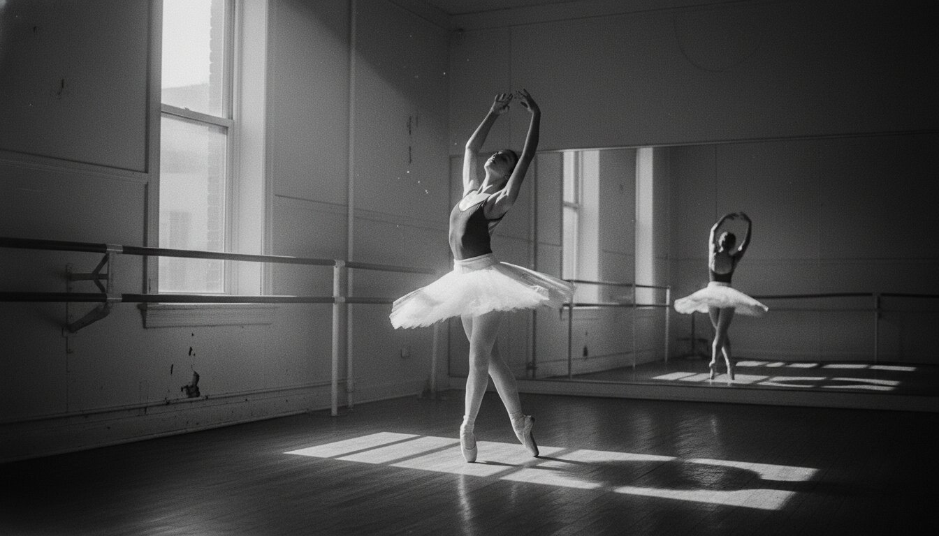 Dancer mid-turn in a shaft of window light