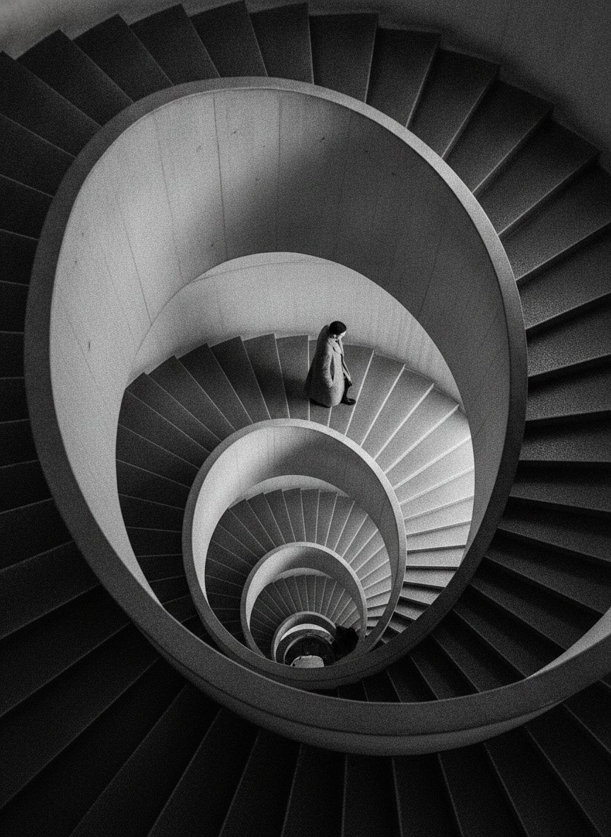 Figure descending a brutalist stairwell