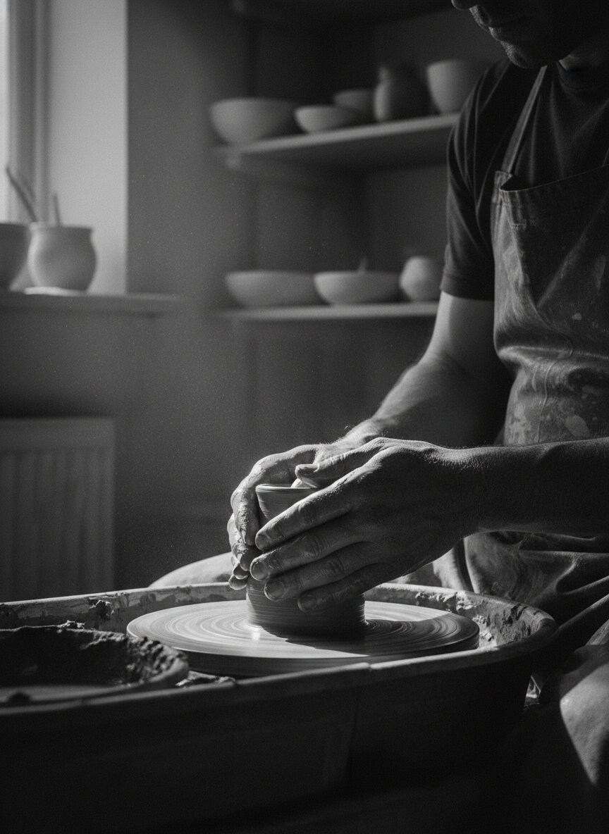 Hands and clay on a potter's wheel