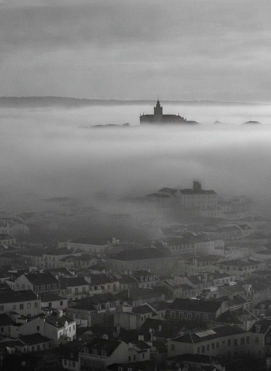 Fog over rooftops at first light
