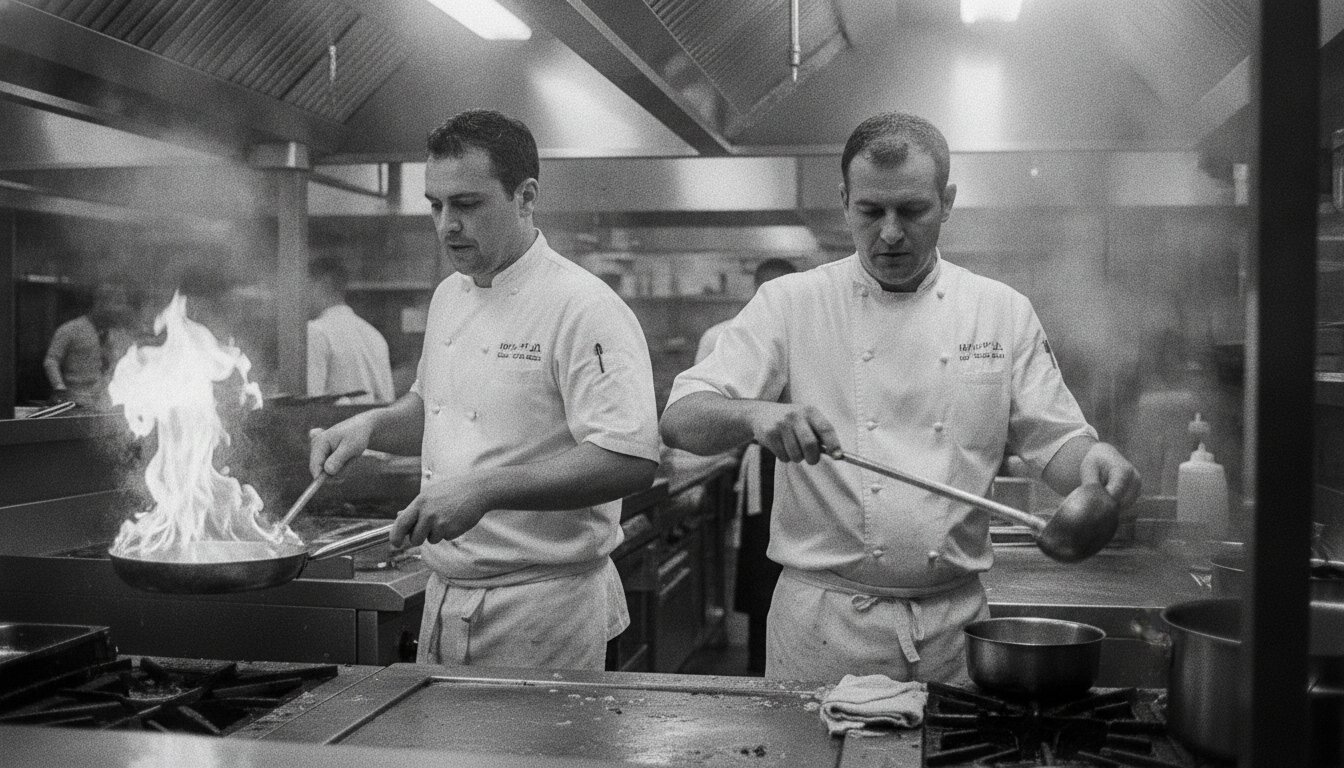 Two chefs in a steam-filled kitchen