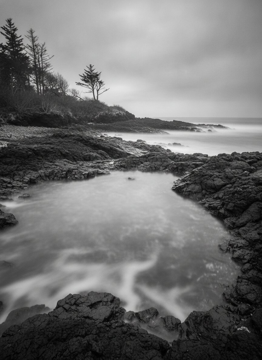 Tide pools reflecting an overcast sky