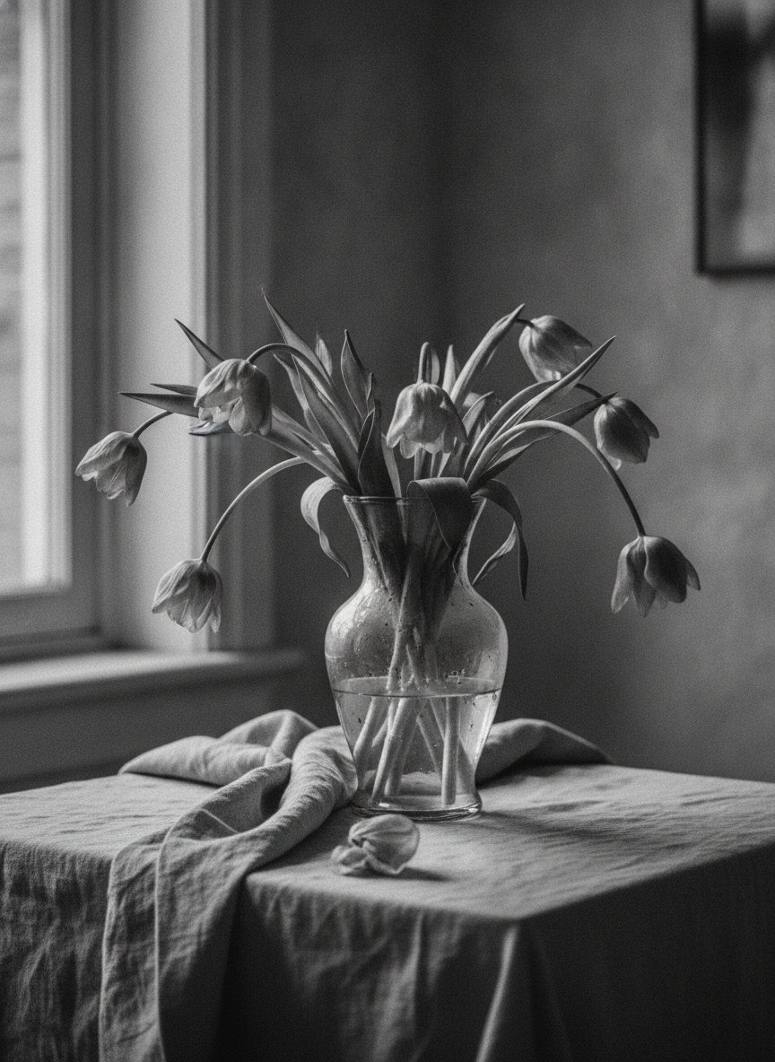 Still life of wilting tulips on linen