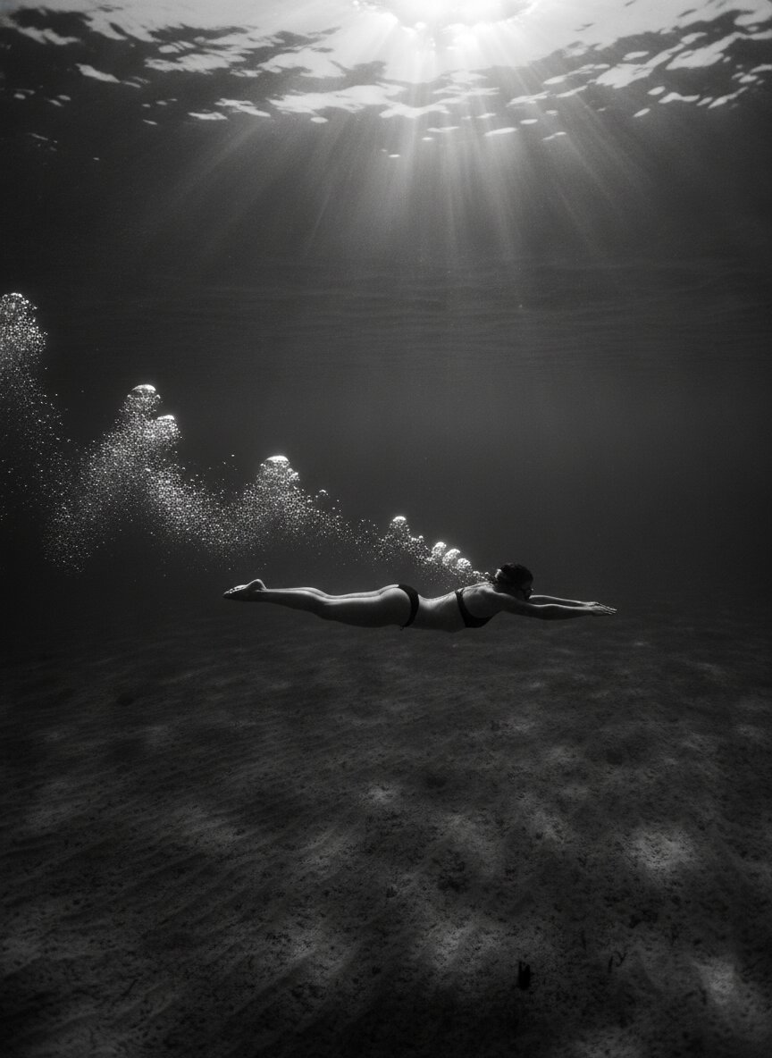 Swimmer beneath the surface, trailing bubbles
