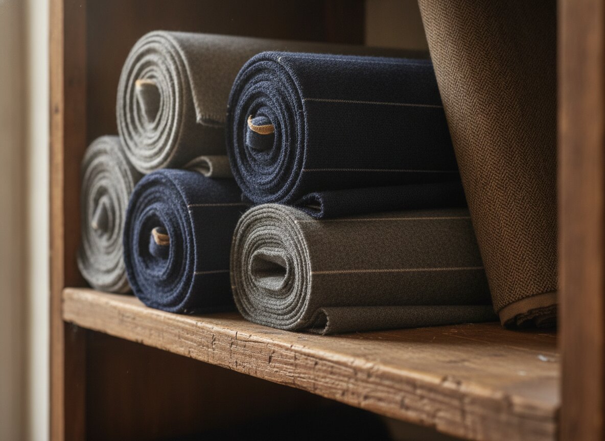 Bolts of wool suiting stacked on a shelf, flannel and hopsack in greys and navy