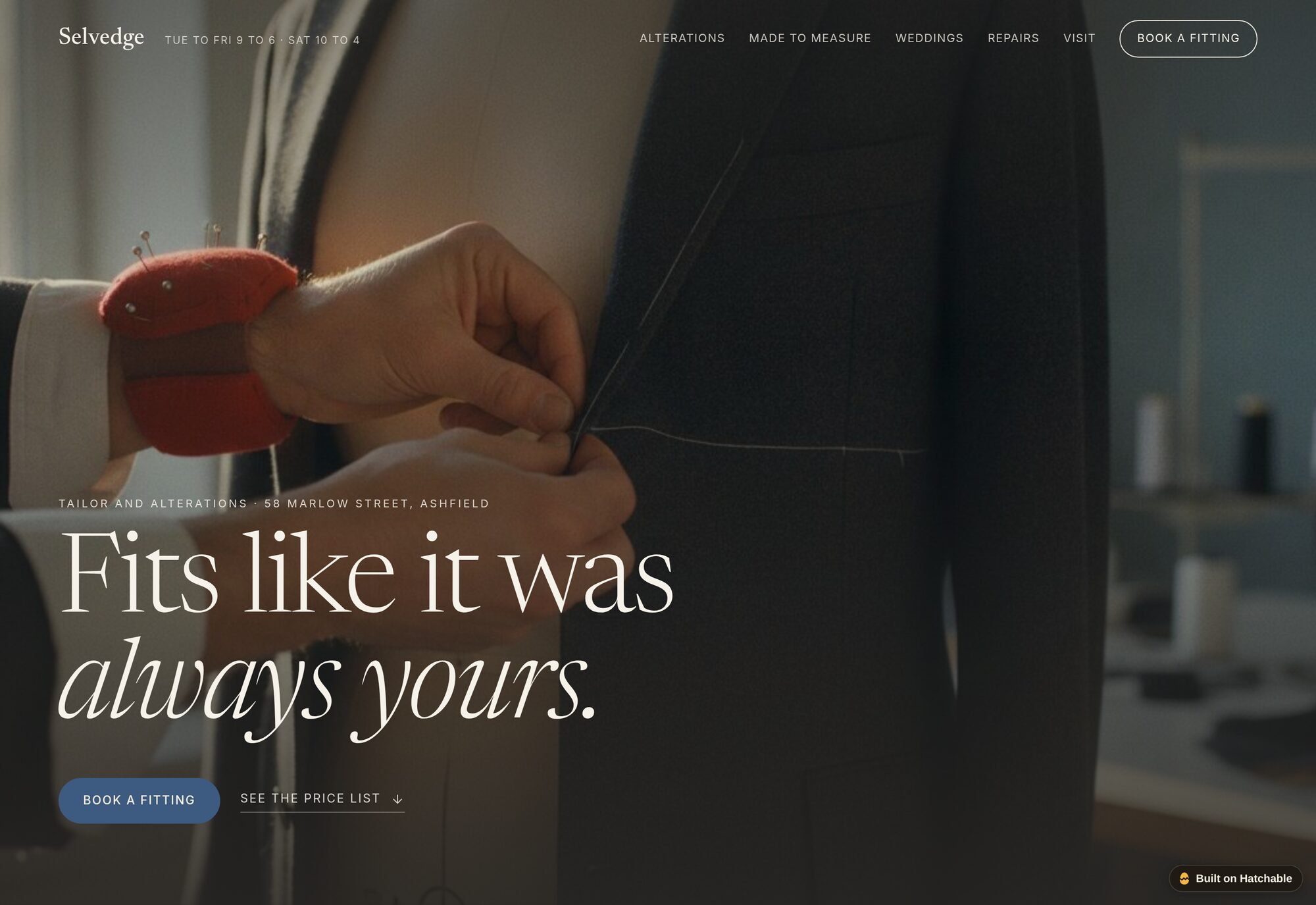 Selvedge tailor website template — full design preview