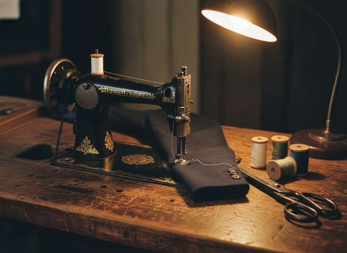 A vintage sewing machine with a navy jacket sleeve mid-stitch under the presser foot