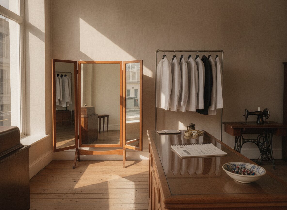 The Selvedge shop interior: a fitting mirror, a rail of suits, and the counter