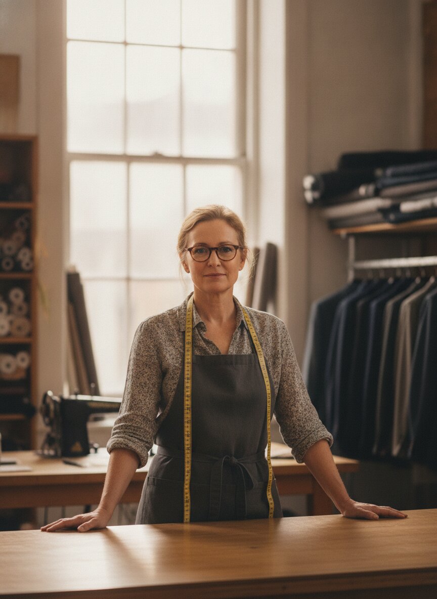 Ines Marchetti at her cutting table, tape measure around her neck