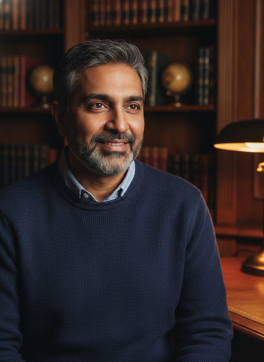 Arjun Mehta in a navy sweater in the lamplit study