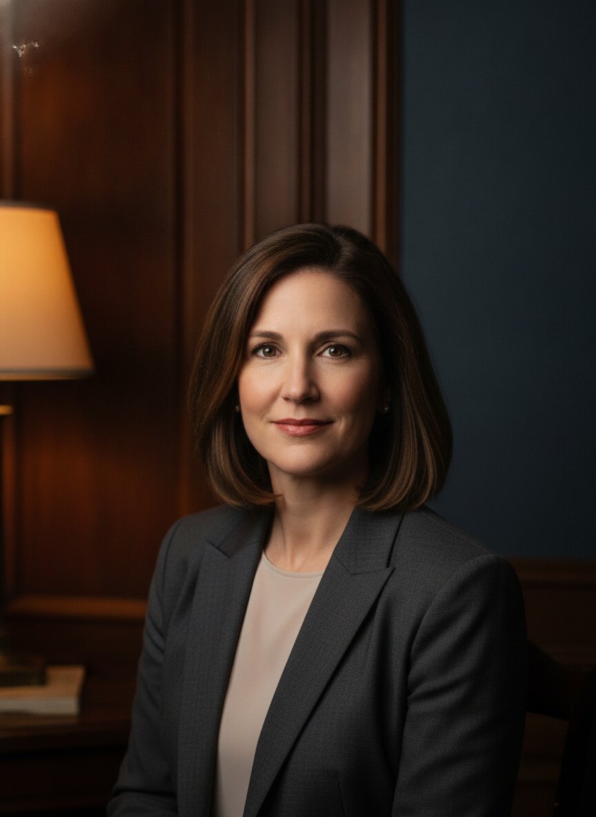 Claire Whitfield in a blazer, looking directly at the camera