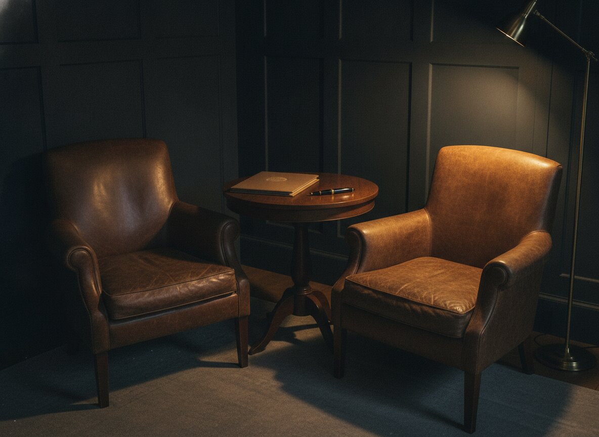 Two chairs at a small table, one document, a warm lamp