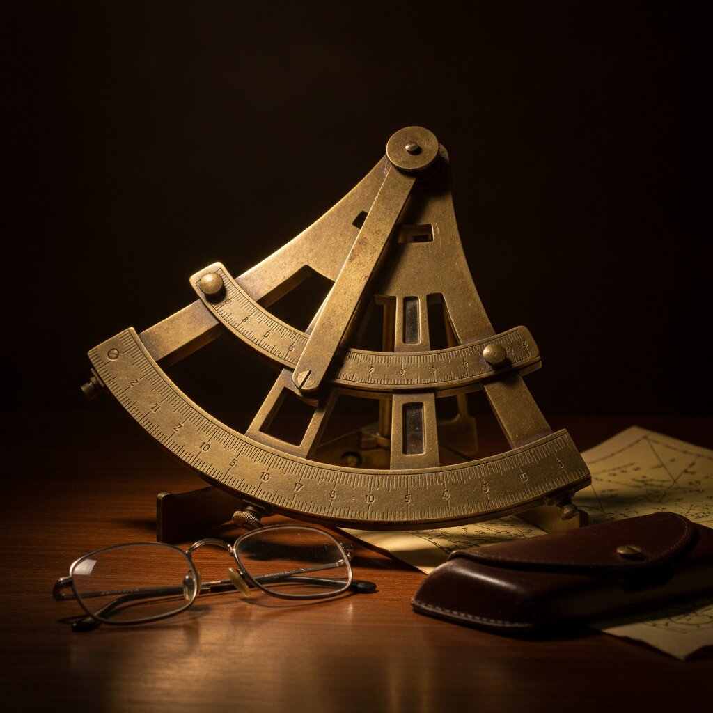 An antique brass sextant on a dark wood desk beside reading glasses