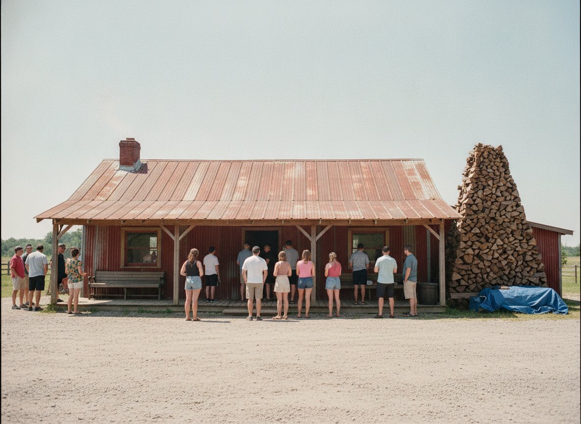 The line outside Smolder at midday, stretching past the woodpile