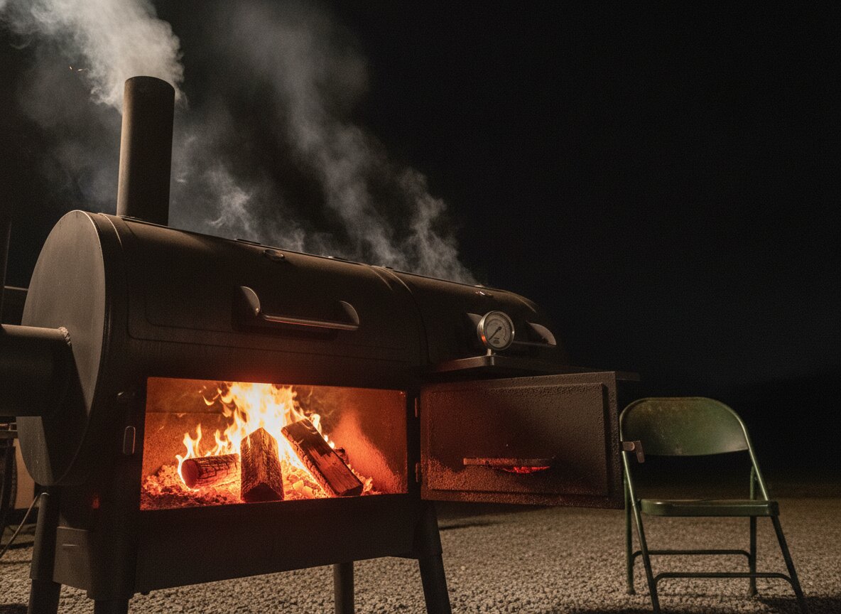 The offset smoker at night with the firebox door open and embers glowing