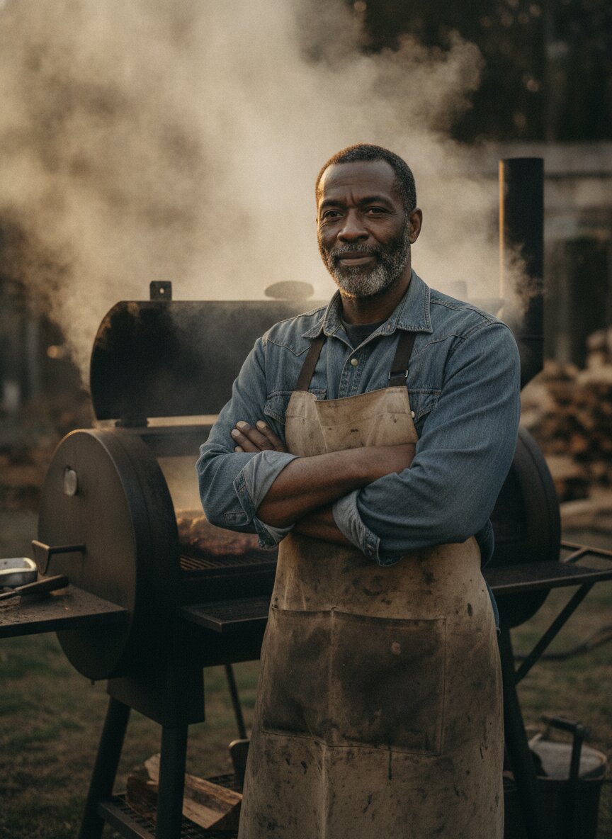 Pitmaster Dell Whitaker beside the smoker at the end of an overnight shift