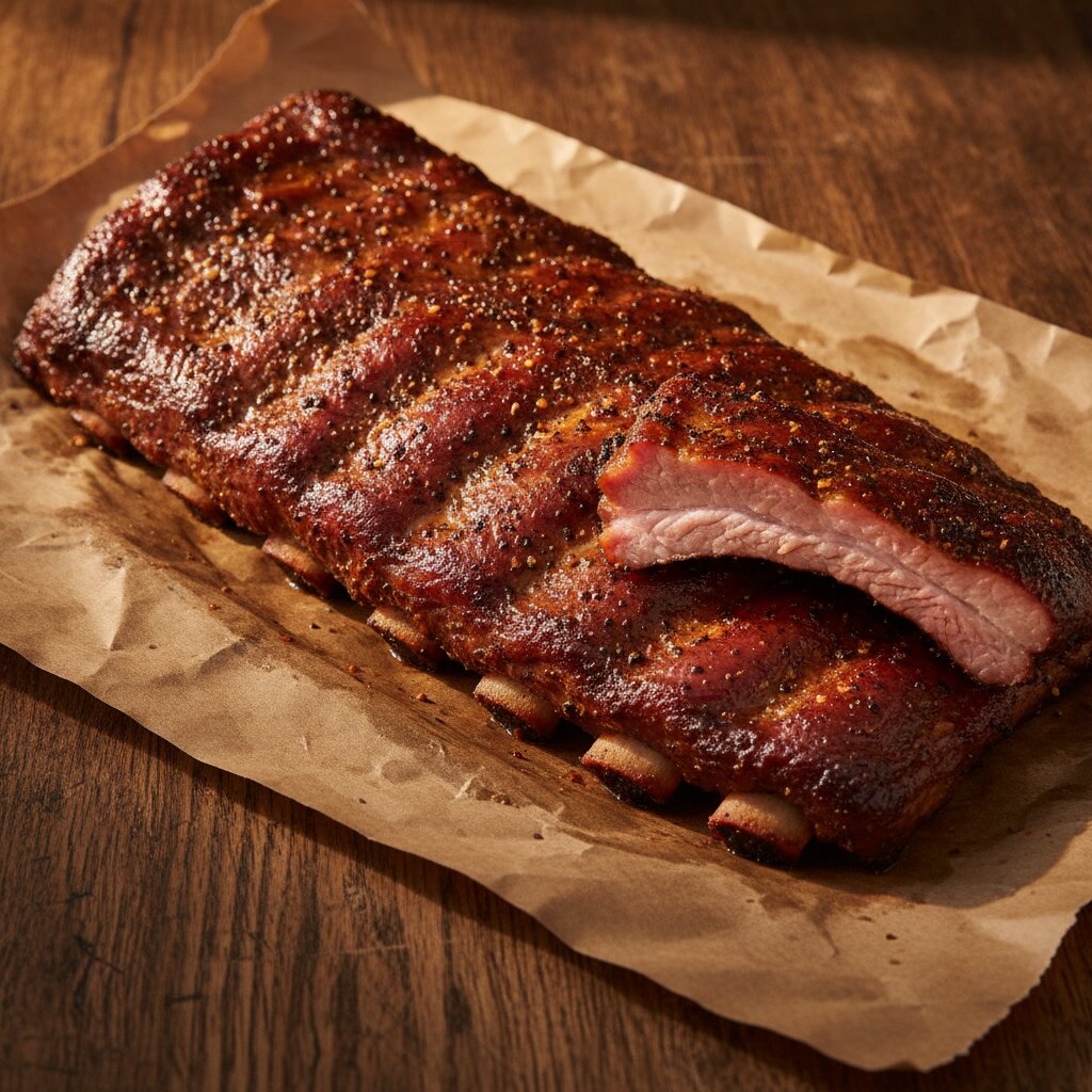 A rack of pork ribs with glossy pepper bark, one rib pulled away