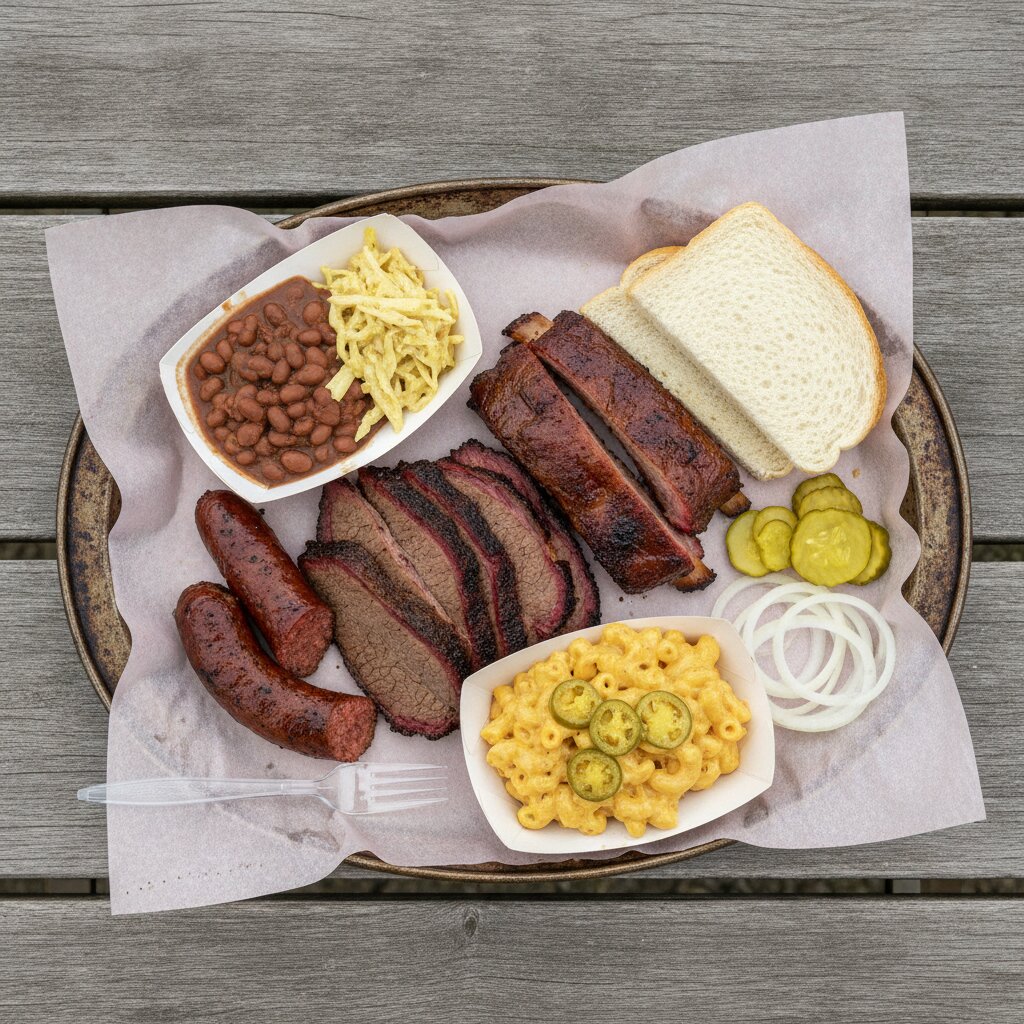 A loaded tray from above: brisket, ribs, sausage, sides and white bread