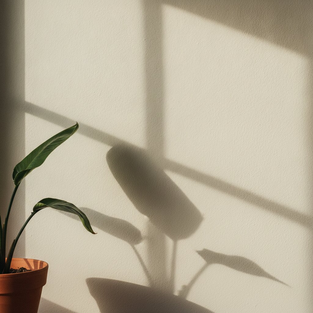 Afternoon light casting leaf shadows on a plaster wall