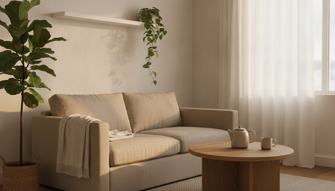 The Solace therapy office in morning light: a linen sofa, plants, and soft sun through gauzy curtains