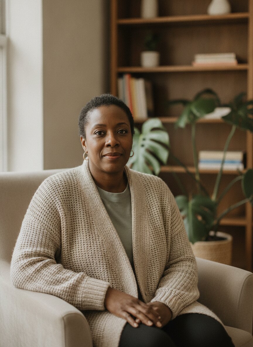 Dr. Amara Osei seated in her office, soft window light