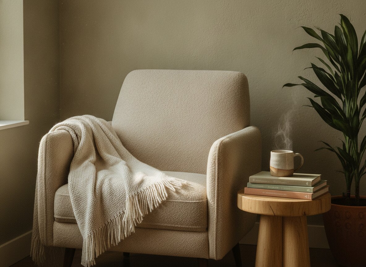 A calm reading corner with an armchair, a cup of tea, and warm afternoon light
