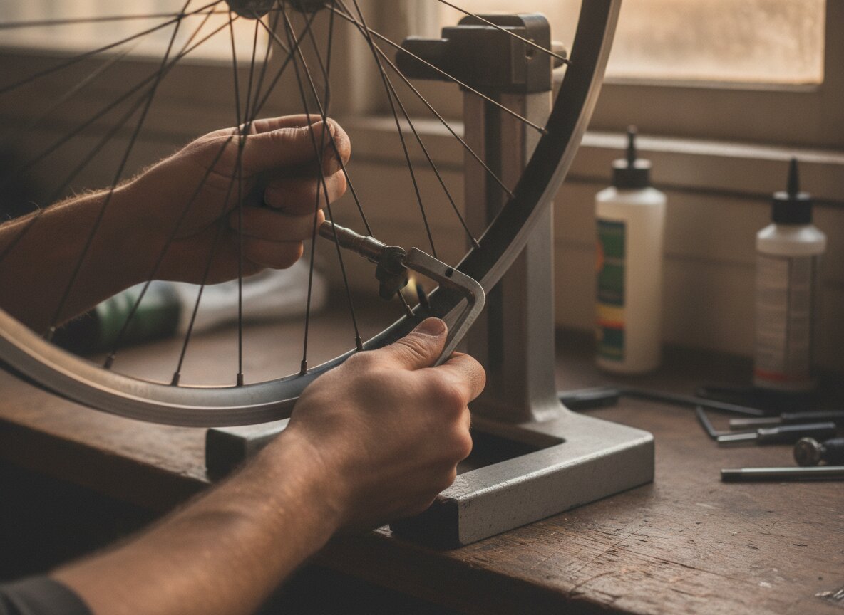 A mechanic's hands truing a wheel in the stand