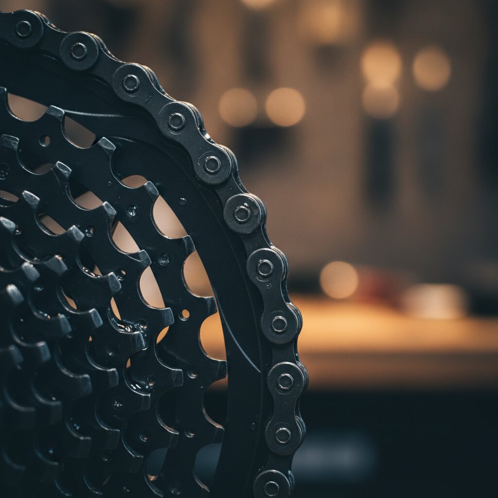 A clean cassette and freshly lubed chain, up close