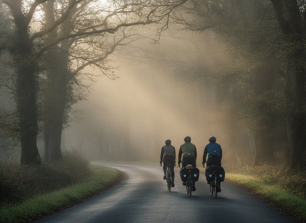 The Saturday shop ride rolling out on a misty morning road