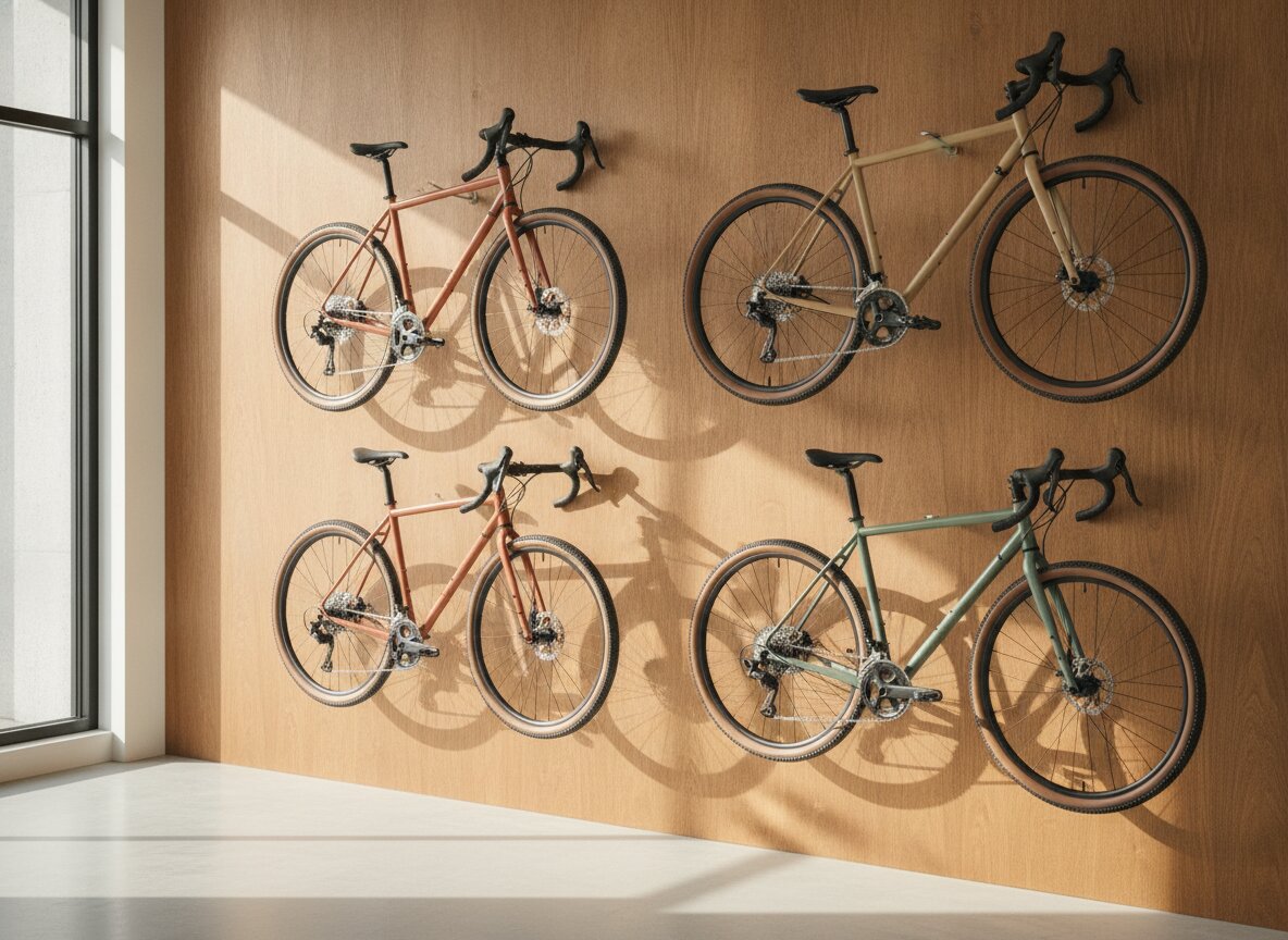 Gravel bikes lined on the wood display wall