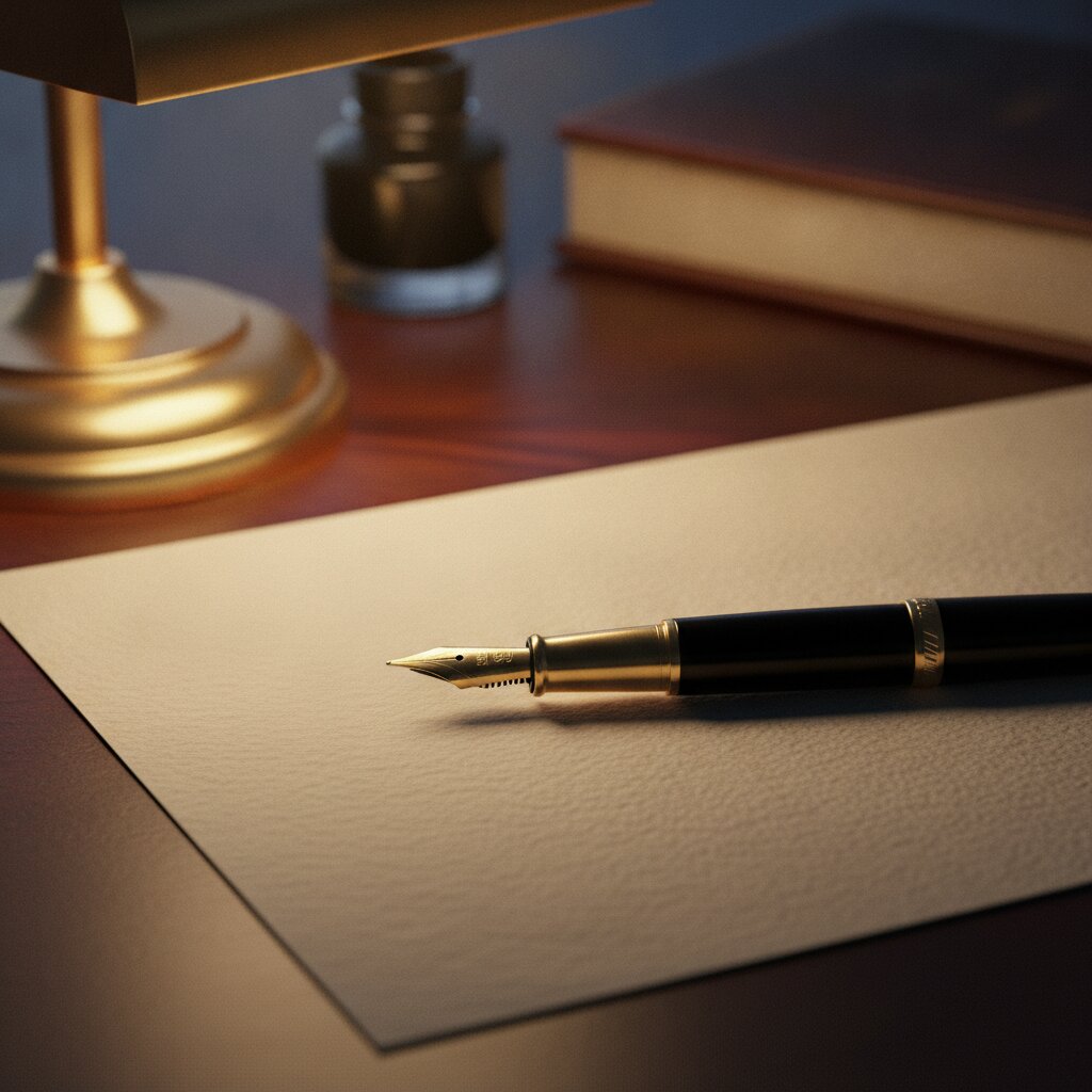 A fountain pen resting on thick paper beneath a brass desk lamp