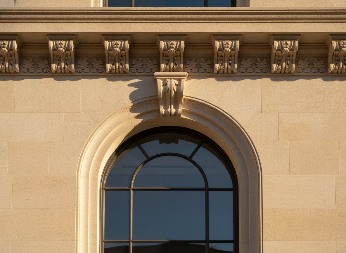 Limestone facade of the Sterling LLP offices in late afternoon light