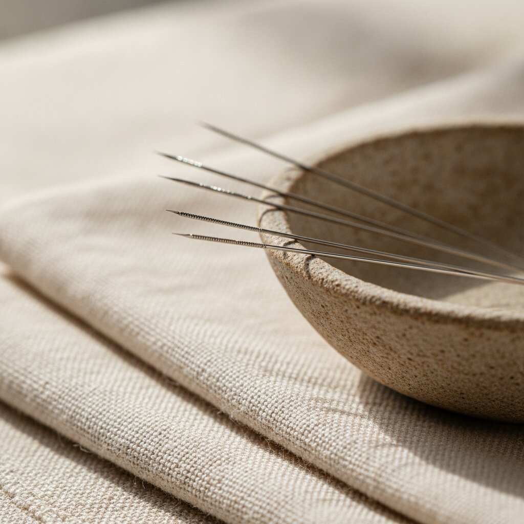 Fine, single-use acupuncture needles resting in a ceramic dish