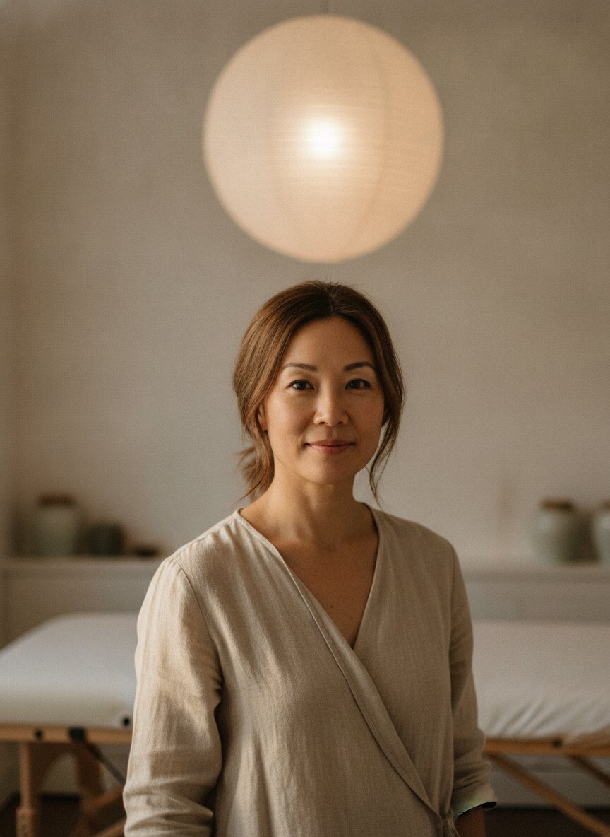 Lian Wu, licensed acupuncturist, in a linen tunic in the treatment room
