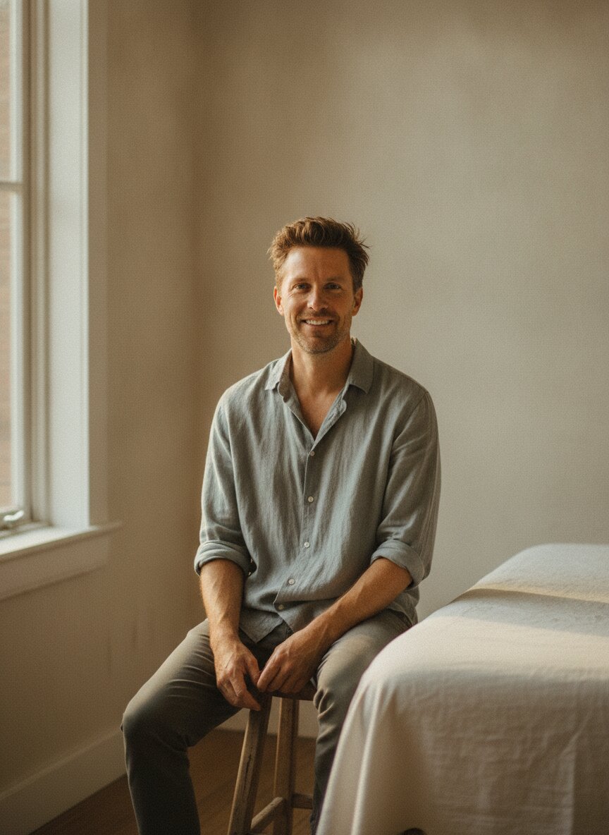 Ben Carlisle, licensed acupuncturist, seated beside a treatment table