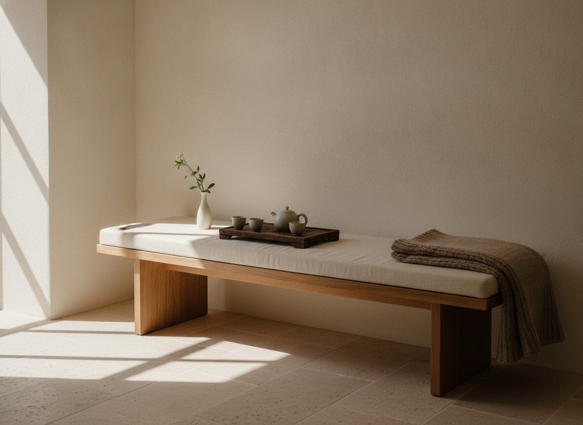 The waiting corner at Stillpoint: a tea tray and a single stem in a vase