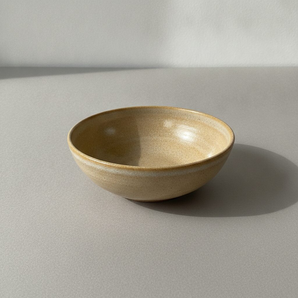 A wide ash-glazed stoneware bowl seen from above on a flat neutral background