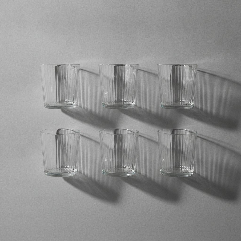 Six pressed-glass tumblers arranged in two rows on a flat neutral background