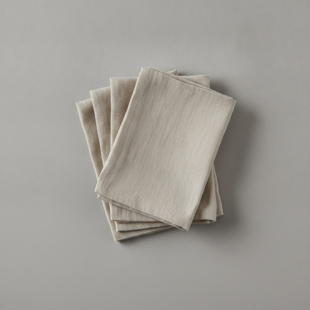 Four stonewashed linen napkins folded in a loose stack on a flat neutral background