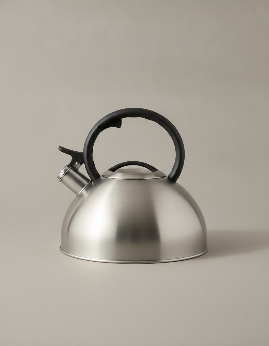 A brushed stainless stovetop kettle photographed straight on against a flat putty-grey background