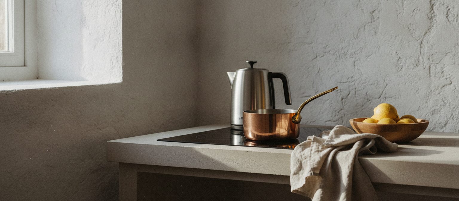 A bright morning kitchen counter with the kettle on the hob, a copper pan, a stack of linen napkins and a bowl of lemons