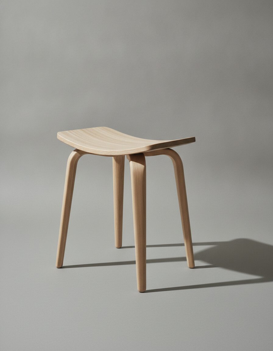 A steam-bent ash step stool photographed from a low angle against a flat neutral background