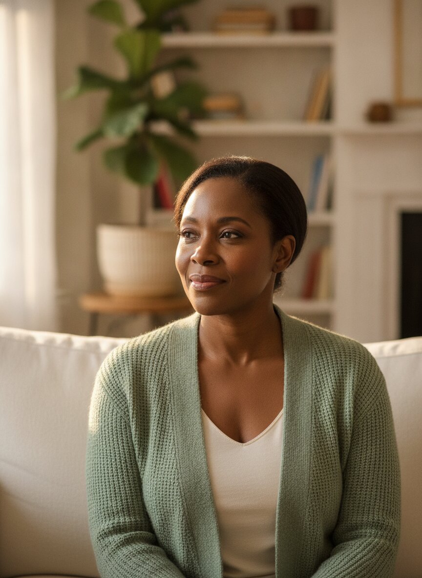 Portrait of Renata Okafor, a Tend caregiver, in warm home light